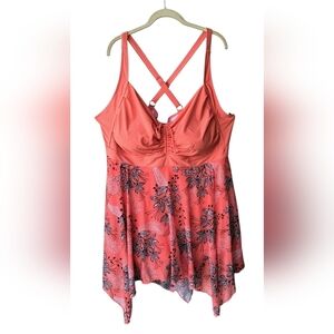 BloomChic Plus 26 Coral Floral with Adjustable Criss Cross Shark Bite Swim Dress